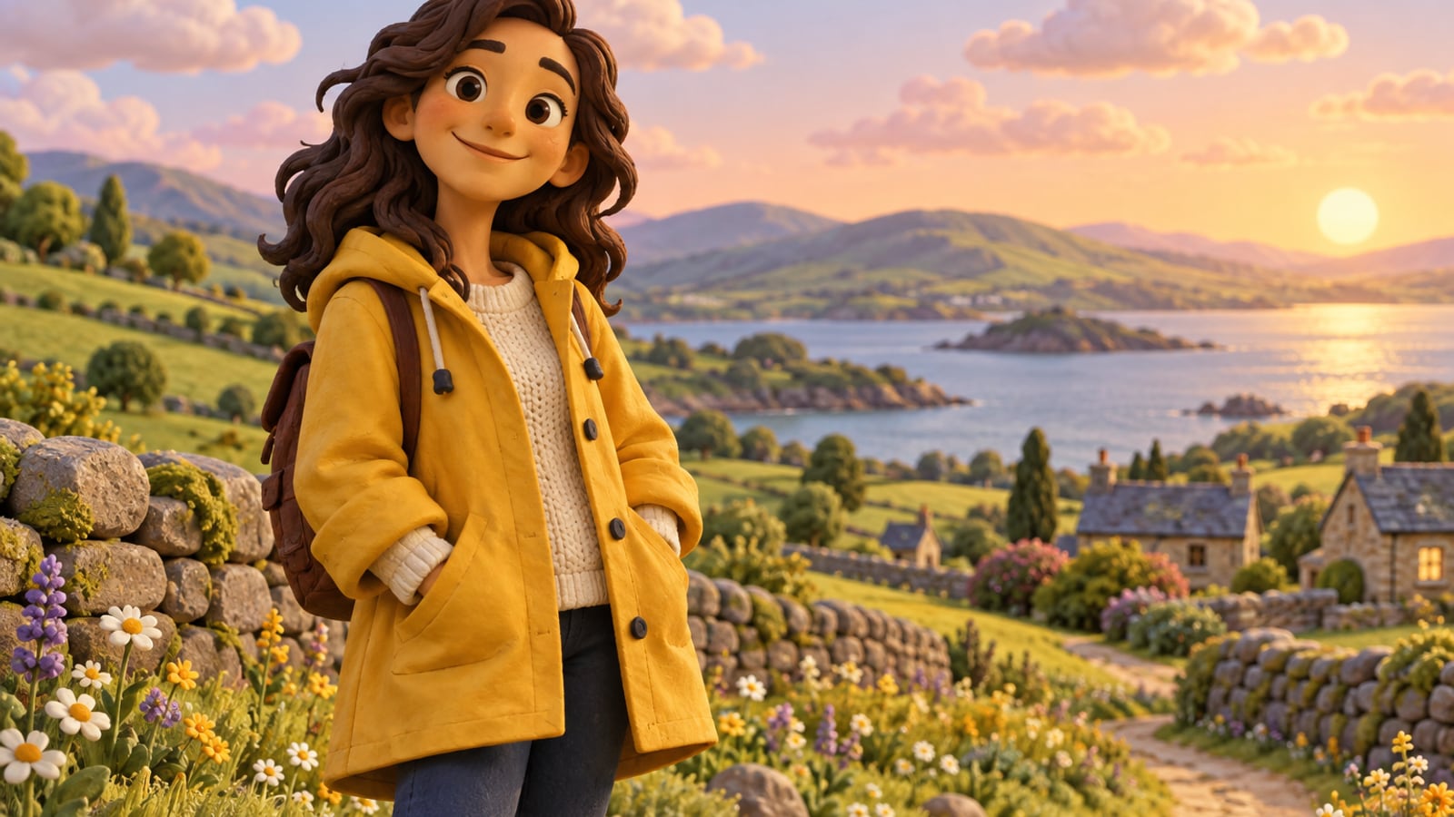A claymation-style character standing in a pastel countryside
