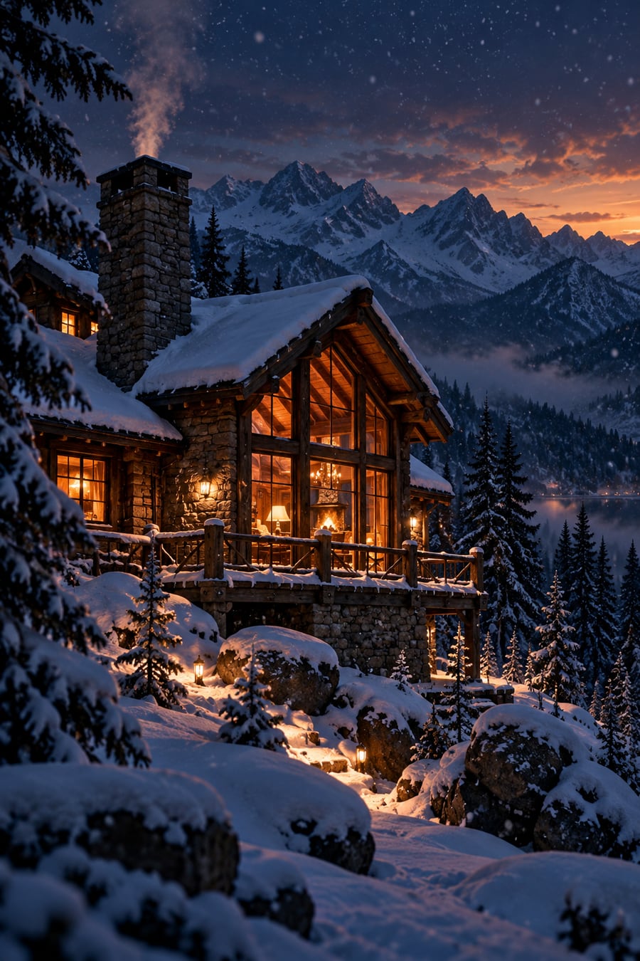 Snowy mountain cabin glowing at dusk