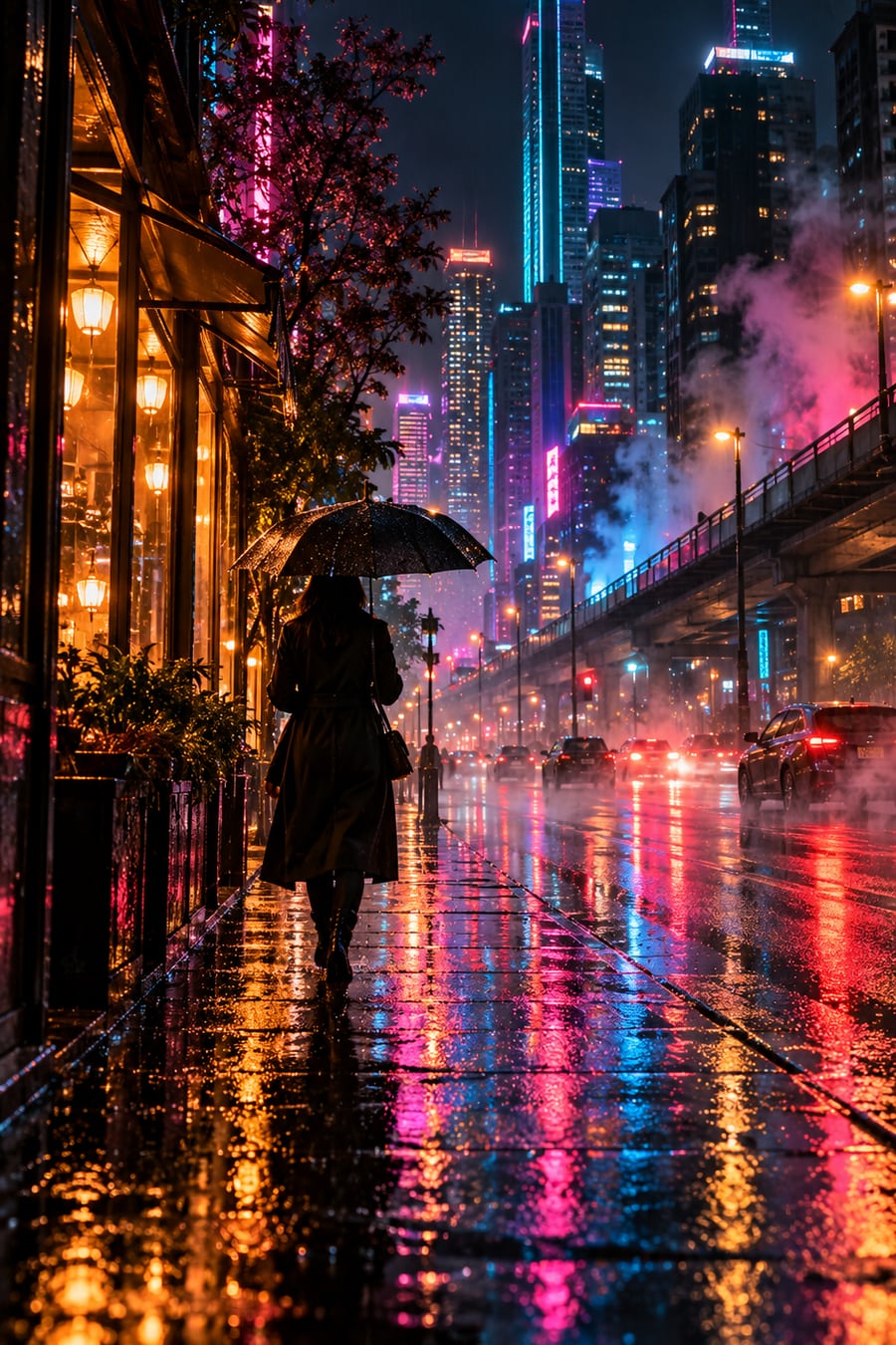 Neon-lit city street in the rain at night