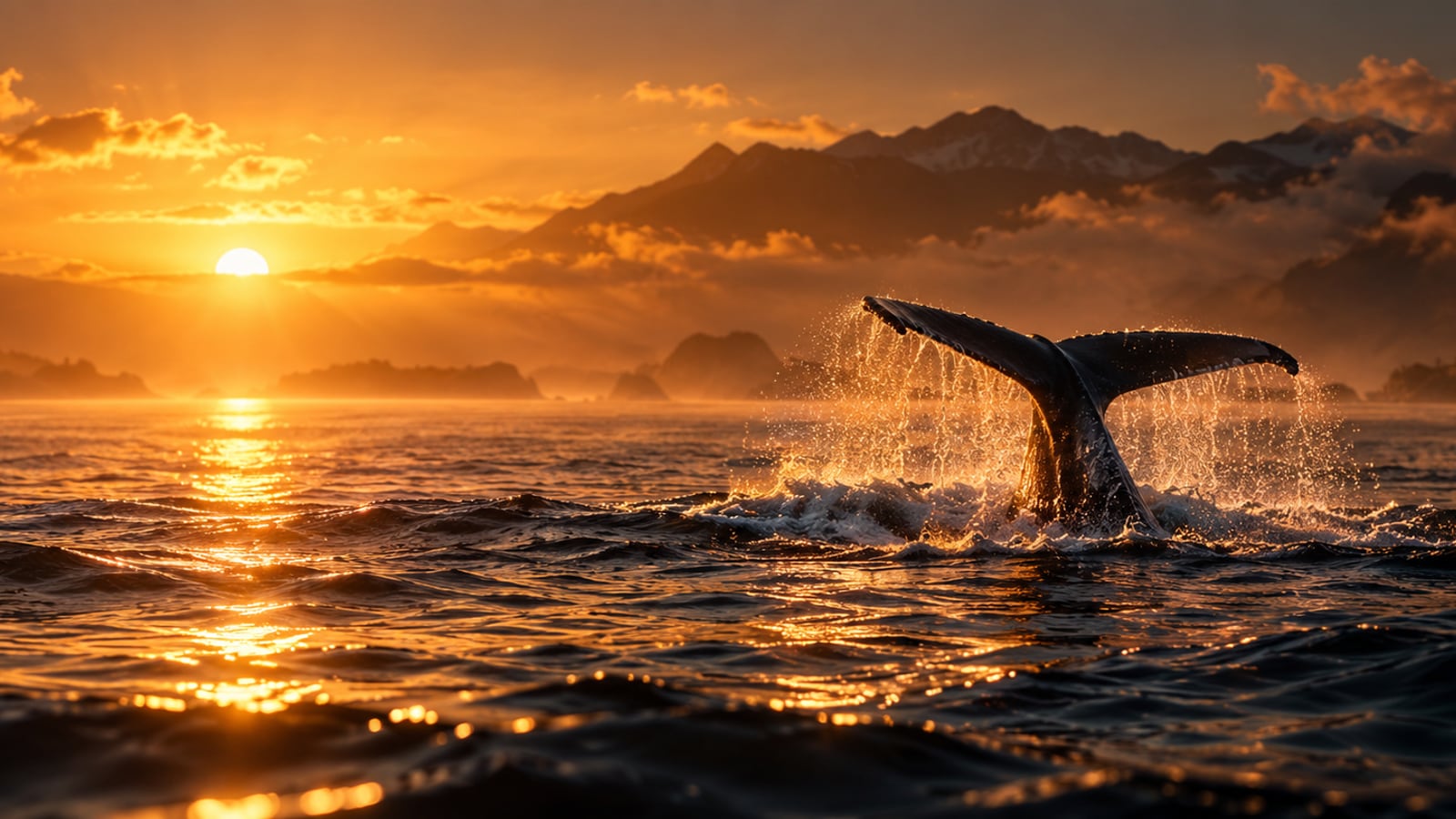 A whale tail diving into a calm ocean at sunrise