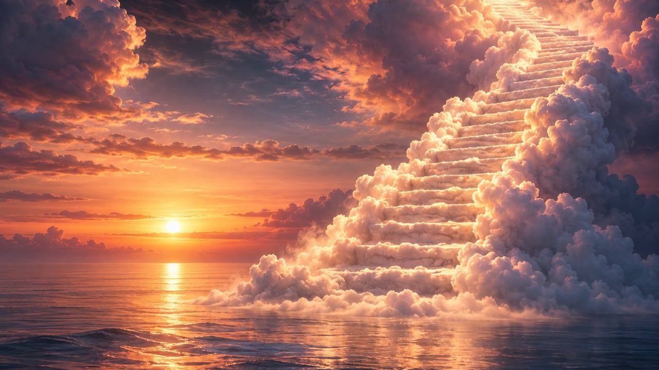 A staircase made of clouds rising above a calm sea